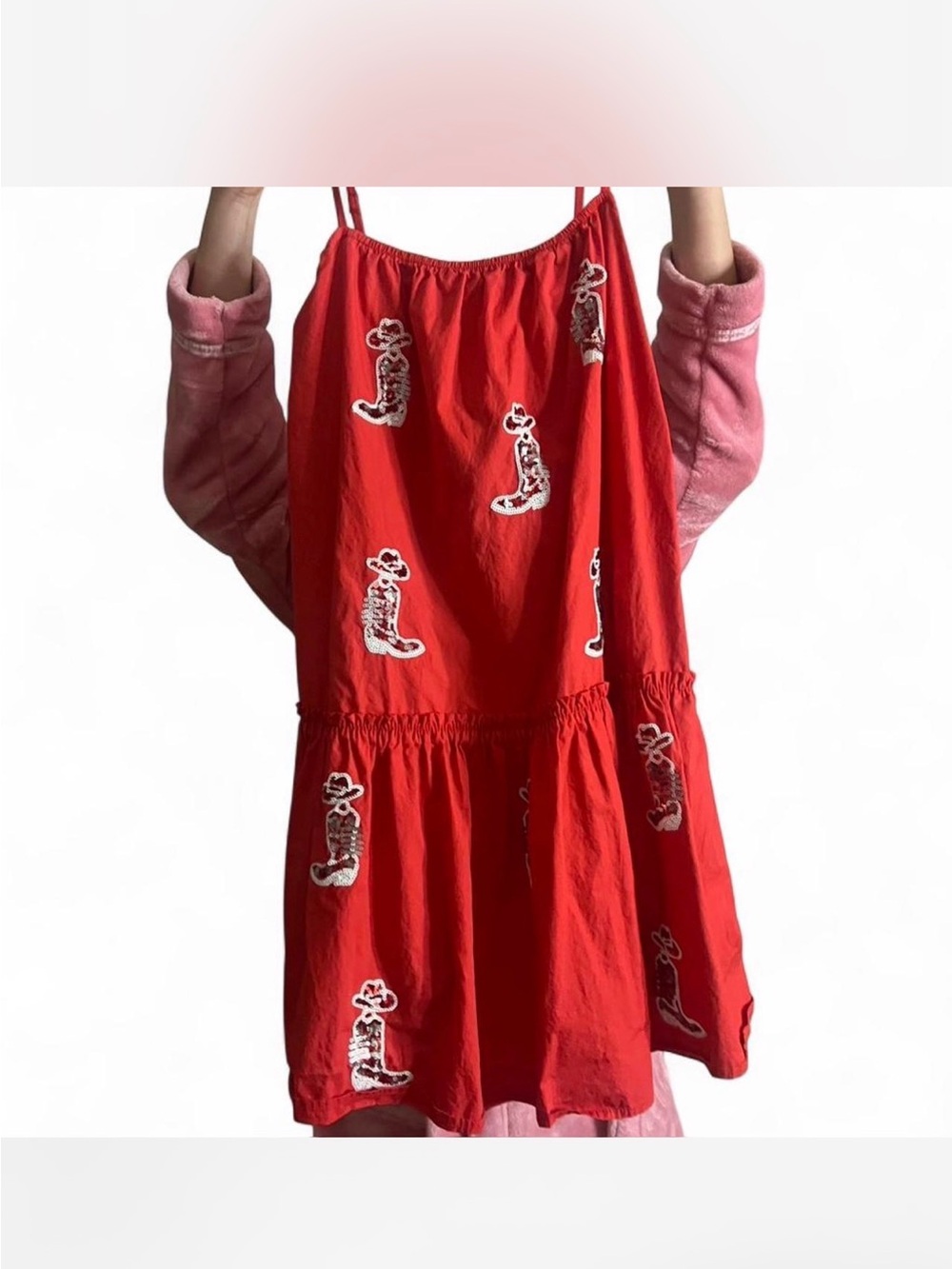 Boutique Red Dress with Sequin Cowboy Boot Details